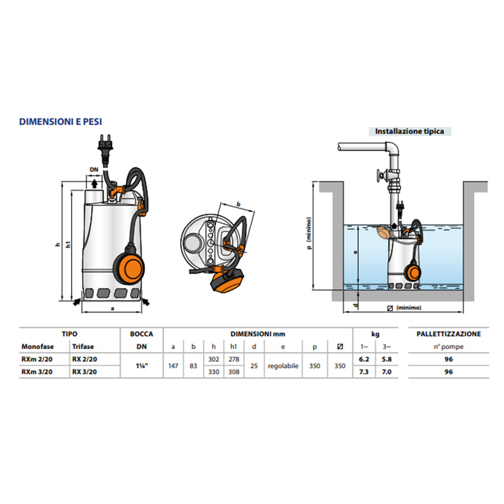 POMPA SOMMERGIBILE PEDROLLO RXm2/20 0,37KW, con GALLEGGIANTE, per