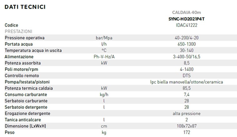 Idropulitrice Portotecnica Sync-H D2021P4T acqua calda 200 bar portata  acqua 1300 l/h 400V testata ottone potenza 8,5 kW temperatura acqua in uscita  140°C