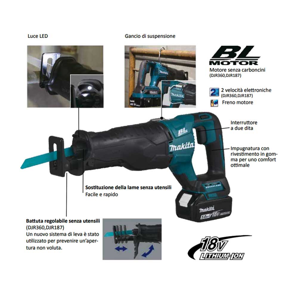 Seghetto diritto Makita djr360pt2 18V con 2 batterie bl1850b 18V 5