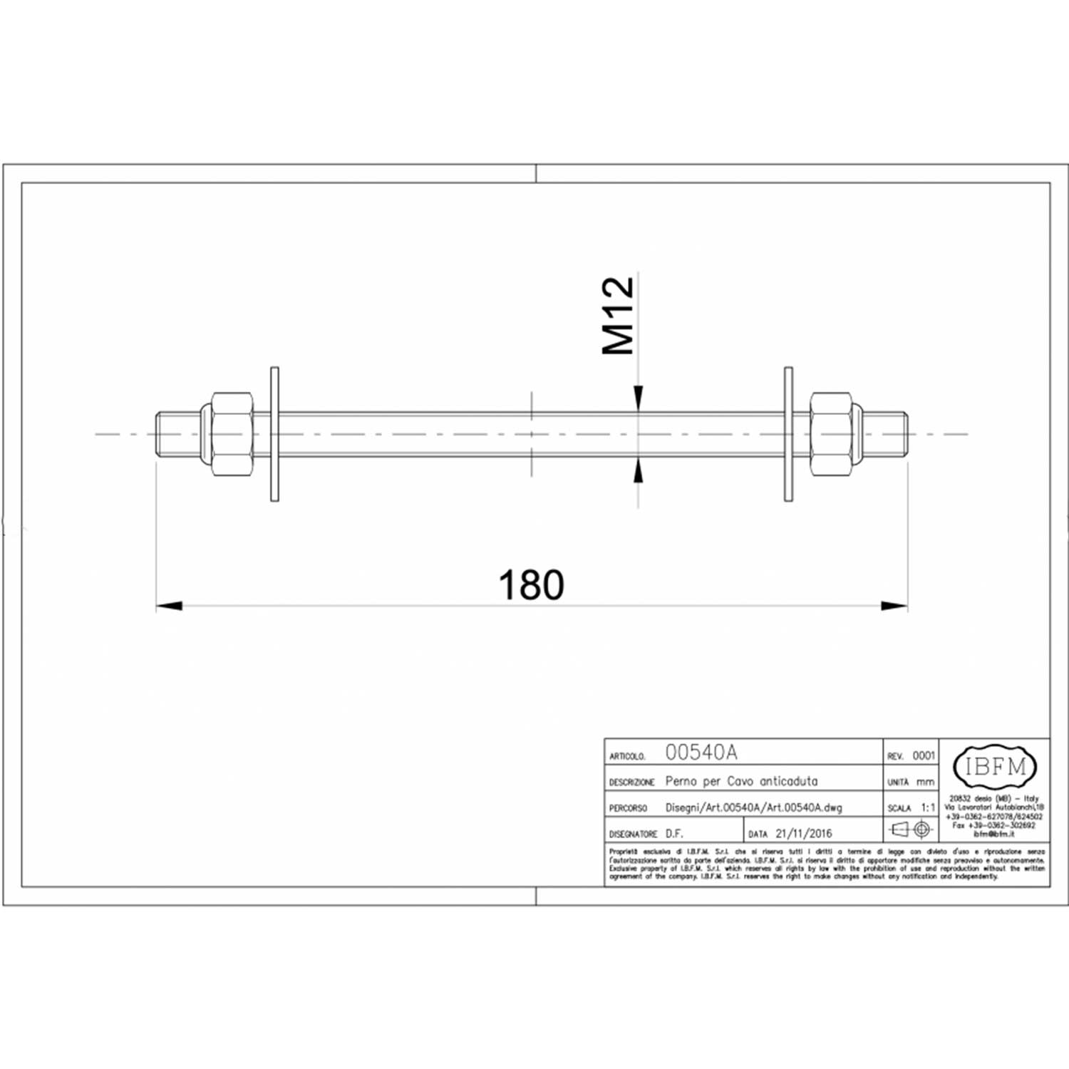 Tirante 540A per cavo di sicurezza anticaduta 12x180mm in acciaio zincato  con dadi autobloccanti M12 e